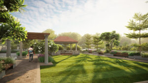 Lush garden with gazebo and pathway.