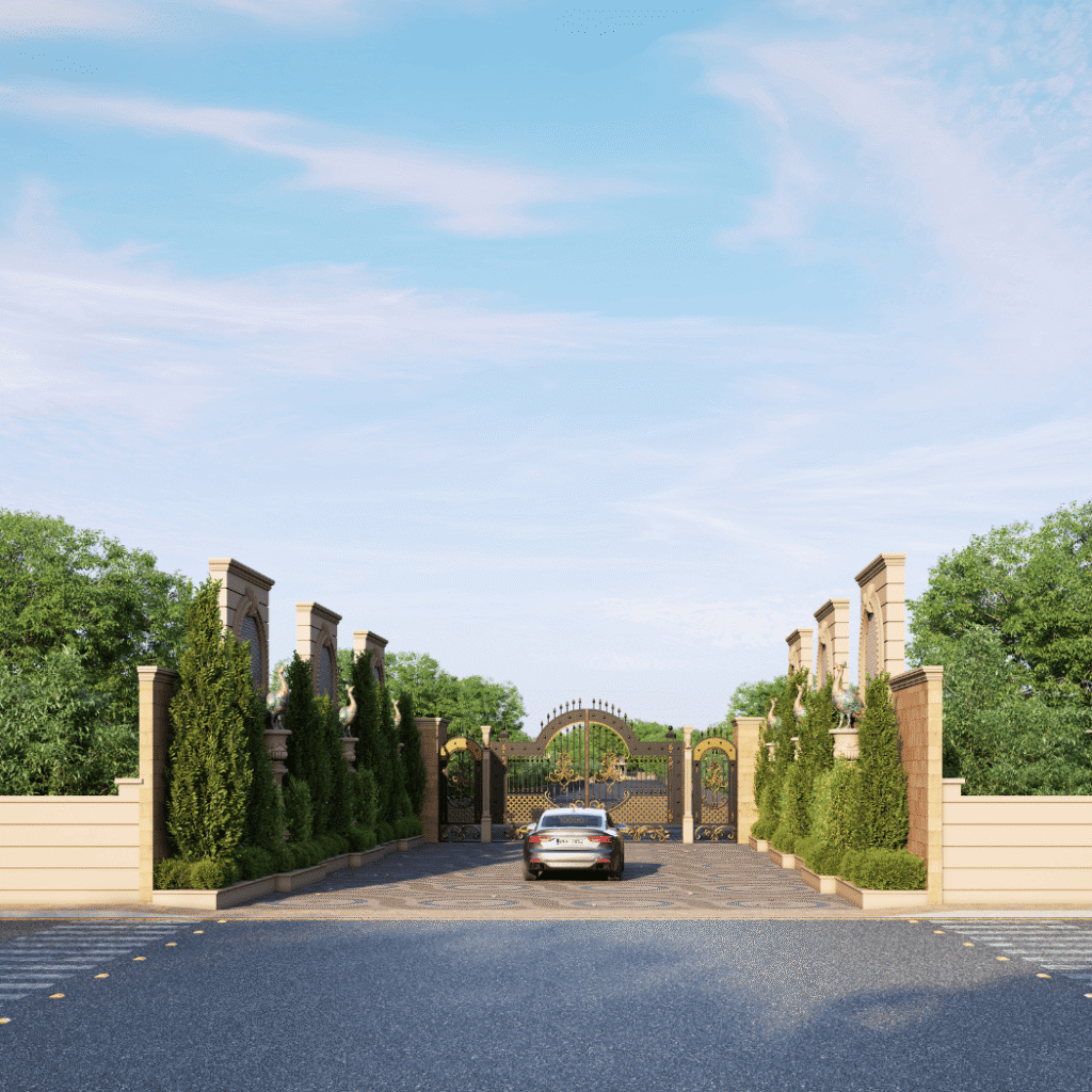 Elegant entrance with lush greenery.